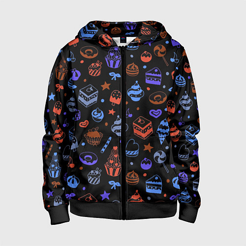 Детская толстовка на молнии Паттерн из тортов, пирожных и других сладостей / 3D-Черный – фото 1