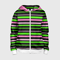 Детская толстовка на молнии Полосаты узор в зелено-розовых оттенках на черном