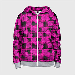Толстовка на молнии детская Black and pink hearts pattern on checkered, цвет: 3D-меланж