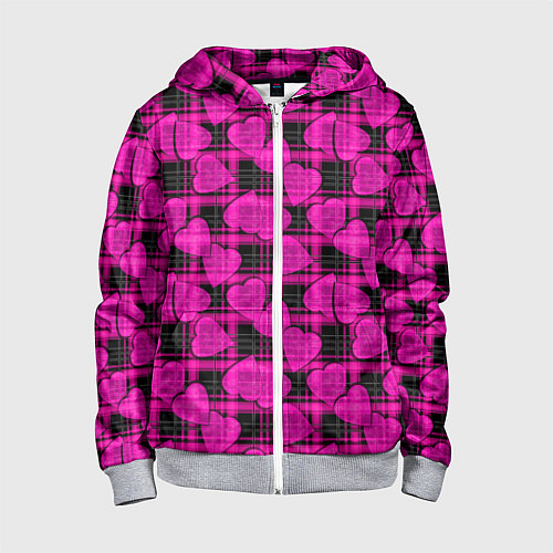 Детская толстовка на молнии Black and pink hearts pattern on checkered / 3D-Меланж – фото 1