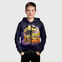 Толстовка на молнии детская Чёрный котёнок и тыквы, цвет: 3D-черный — фото 2