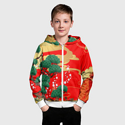 Толстовка на молнии детская Японский пейзаж на красном, цвет: 3D-белый — фото 2