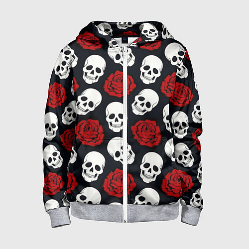 Детская толстовка на молнии Весёлые черепки и розы / 3D-Меланж – фото 1