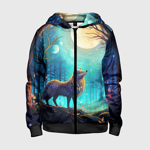 Детская толстовка на молнии Волк в ночном лесу в folk art стиле / 3D-Черный – фото 1