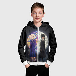 Толстовка на молнии детская Энид и Уэнсдэй на фоне окна, цвет: 3D-белый — фото 2