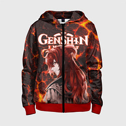 Толстовка на молнии детская Дилюк на фоне раскаленной лавы, цвет: 3D-красный