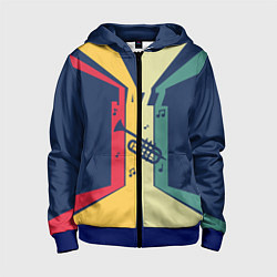 Толстовка на молнии детская Труба в разноцветных полосах Jazz music, цвет: 3D-синий