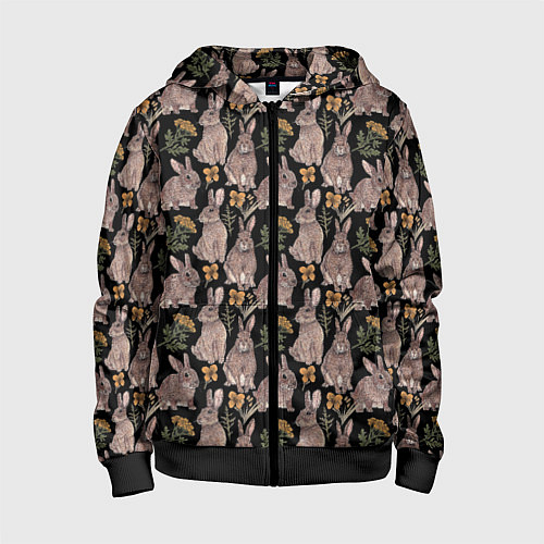 Детская толстовка на молнии Зайцы и пижма / 3D-Черный – фото 1