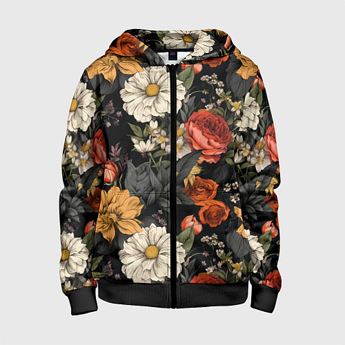 Детская толстовка на молнии Цветочный паттерн на черном / 3D-Черный – фото 1