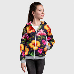 Толстовка на молнии детская Гавайские цветы узор, цвет: 3D-меланж — фото 2