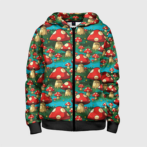 Детская толстовка на молнии Мультяшный мухомор паттерн / 3D-Черный – фото 1