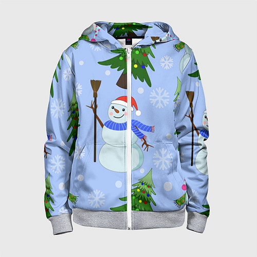 Детская толстовка на молнии Снеговики с новогодними елками паттерн / 3D-Меланж – фото 1
