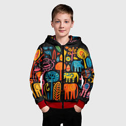 Толстовка на молнии детская Африканский узор со слонами - нейросеть, цвет: 3D-красный — фото 2
