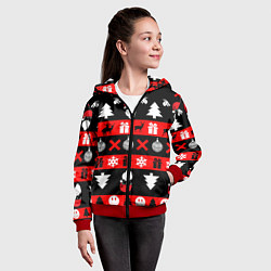 Толстовка на молнии детская Новогодний патерн с оленями и сантой, цвет: 3D-красный — фото 2