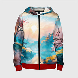 Толстовка на молнии детская Японский город вдали и цветущая Сакура у реки, цвет: 3D-красный