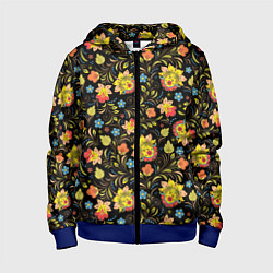 Толстовка на молнии детская Хохломская роспись разноцветные цветы, цвет: 3D-синий