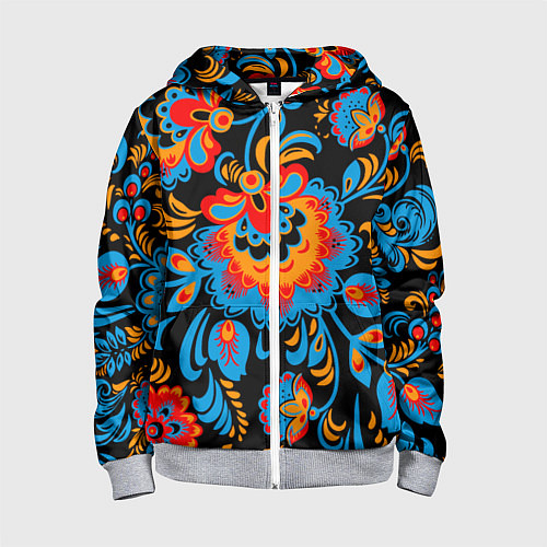 Детская толстовка на молнии Хохломская роспись разноцветные цветы на чёроном ф / 3D-Меланж – фото 1