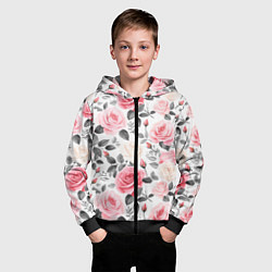 Толстовка на молнии детская Розовые розы и серые листочки - паттерн, цвет: 3D-черный — фото 2