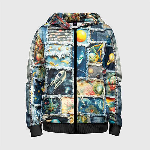 Детская толстовка на молнии Космические обитатели - пэчворк / 3D-Черный – фото 1