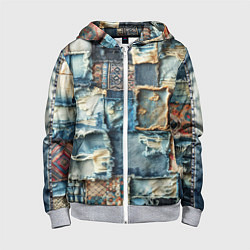 Толстовка на молнии детская Деним пэчворк-ржавчина, цвет: 3D-меланж