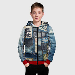 Толстовка на молнии детская Иероглифы на пэчворк дениме, цвет: 3D-красный — фото 2