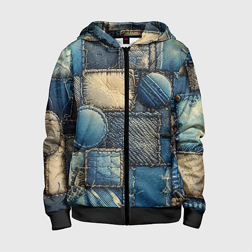 Детская толстовка на молнии Denim patchwork - ai art / 3D-Черный – фото 1