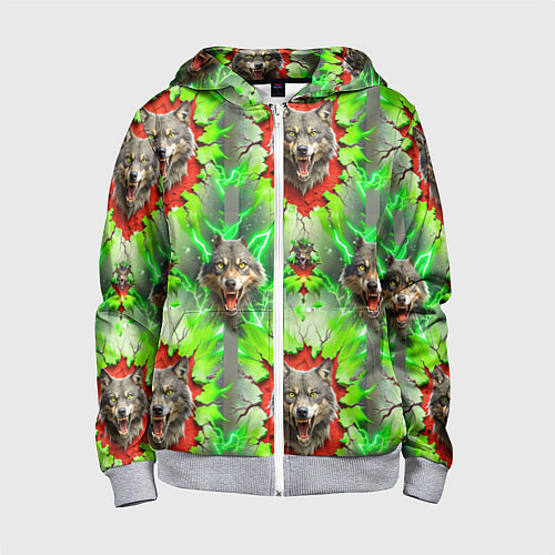 Детская толстовка на молнии Волки из зеленого паттерна / 3D-Меланж – фото 1