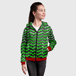 Толстовка на молнии детская Белые и зелёные полосы на чёрном фоне, цвет: 3D-красный — фото 2