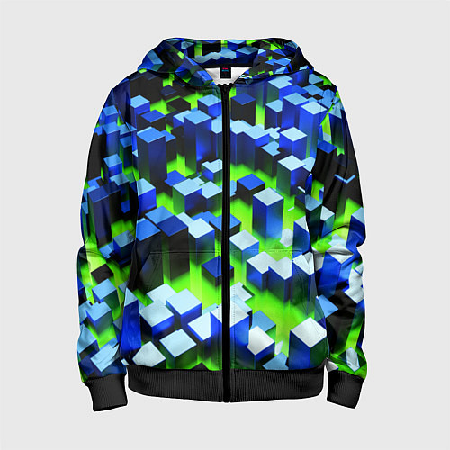Детская толстовка на молнии Синие блоки в зеленом тумане / 3D-Черный – фото 1