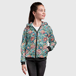 Толстовка на молнии детская Пионы паттерном садовые крупные цветы, цвет: 3D-черный — фото 2