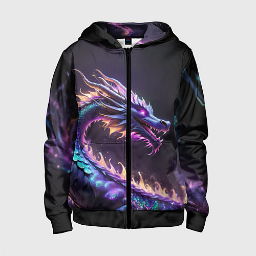 Детская толстовка на молнии Неоновый сиреневый дракон на черном фоне / 3D-Черный – фото 1