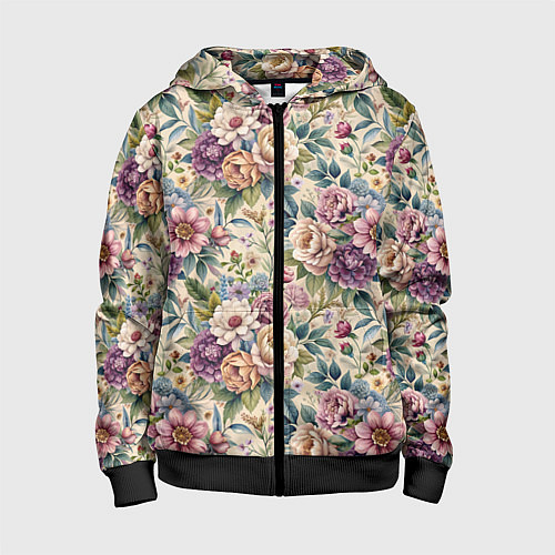 Детская толстовка на молнии Нежные цветочные мотивы паттерны / 3D-Черный – фото 1