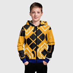 Толстовка на молнии детская Чёрные квадраты и белые полосы на оранжевом фоне, цвет: 3D-синий — фото 2