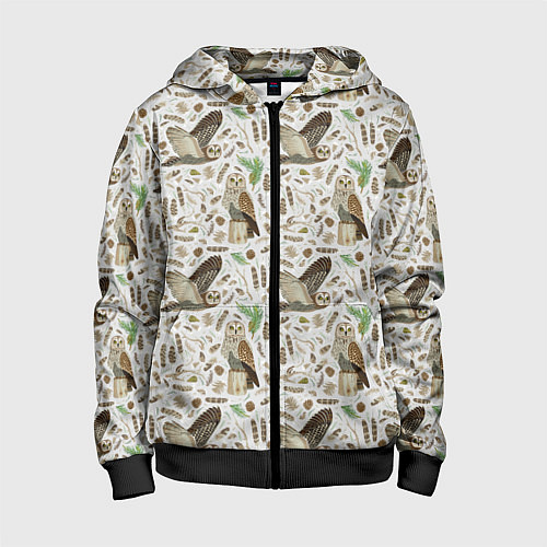 Детская толстовка на молнии Совы и перья / 3D-Черный – фото 1