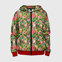 Детская толстовка на молнии Летний котик с коктейлем в тропических цветах