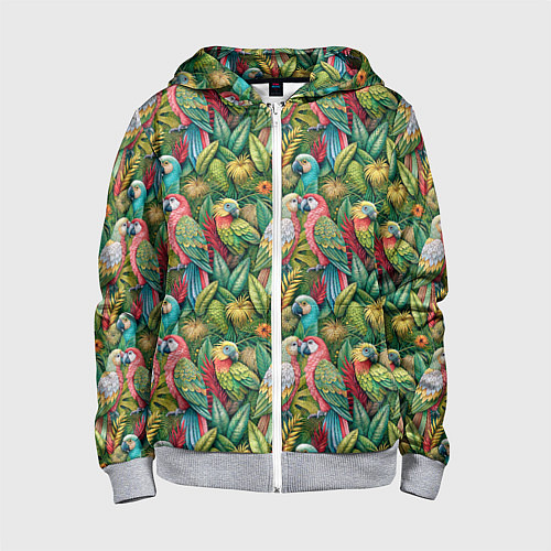 Детская толстовка на молнии Влюбленные попугаи в листьях / 3D-Меланж – фото 1