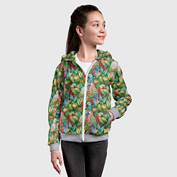 Толстовка на молнии детская Влюбленные попугаи в листьях, цвет: 3D-меланж — фото 2