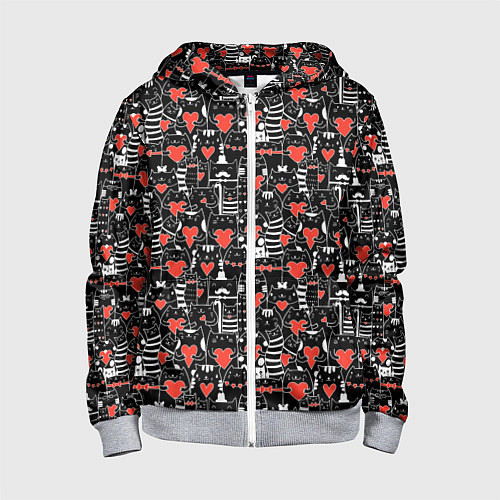Детская толстовка на молнии Черные котики держат сердечки паттерн / 3D-Меланж – фото 1