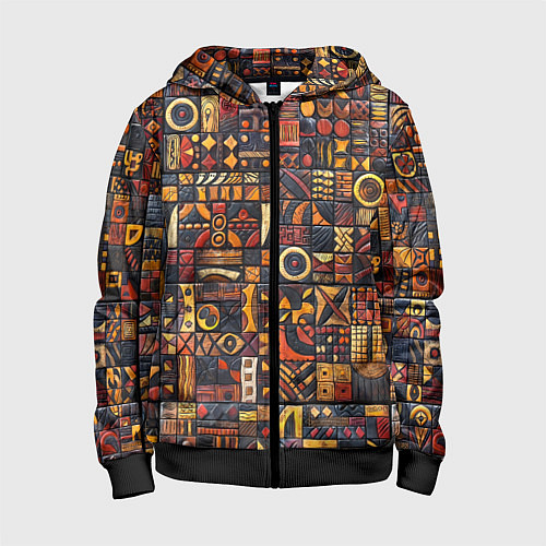 Детская толстовка на молнии Африканский орнамент - резьба по дереву / 3D-Черный – фото 1