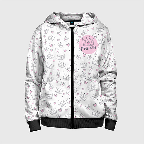 Детская толстовка на молнии Знак принцессы на фоне корон и сердец / 3D-Черный – фото 1
