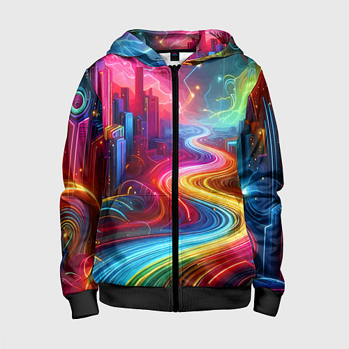 Детская толстовка на молнии Неоновый город - нейроарт / 3D-Черный – фото 1