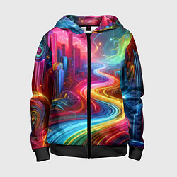 Толстовка на молнии детская Неоновый город - нейроарт, цвет: 3D-черный