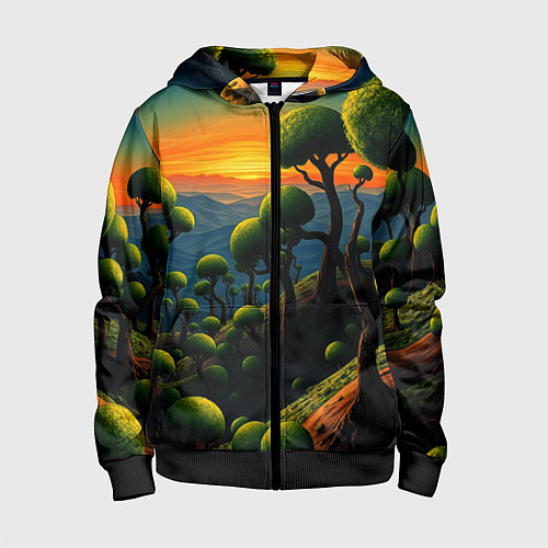 Детская толстовка на молнии Лес из зеленых инопланетных деревьев в стиле Сальв / 3D-Черный – фото 1