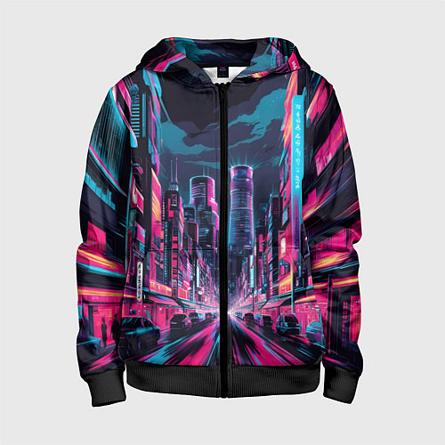 Детская толстовка на молнии Неоновый мегаполис / 3D-Черный – фото 1
