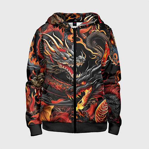 Детская толстовка на молнии Огненные драконы в стиле тату ирезуми на черном / 3D-Черный – фото 1