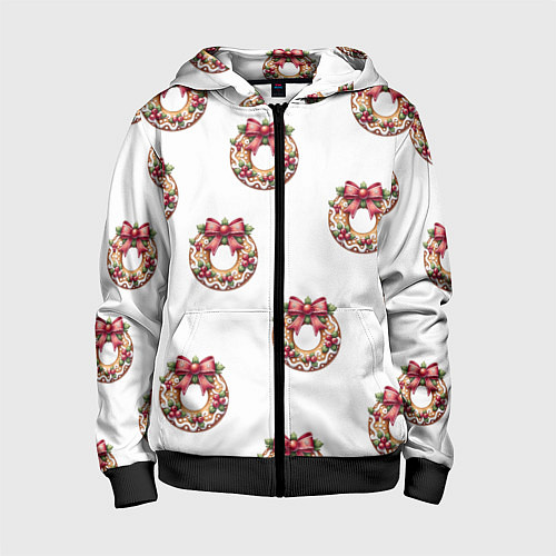 Детская толстовка на молнии Много новогодних пончиков с бантиком и ягодами / 3D-Черный – фото 1