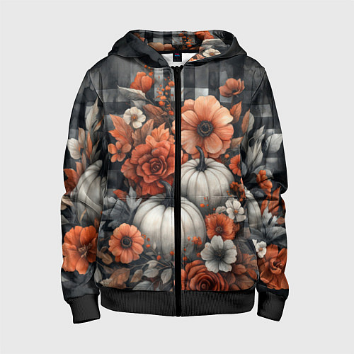 Детская толстовка на молнии Белые тыква с цветами / 3D-Черный – фото 1