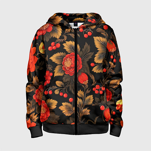 Детская толстовка на молнии Русская хохлома, цветы, паттерн / 3D-Черный – фото 1