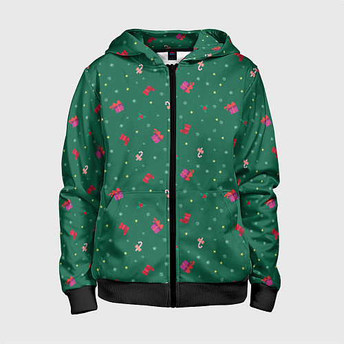Детская толстовка на молнии Новогодний паттерн с милыми вещами на зеленом фоне / 3D-Черный – фото 1