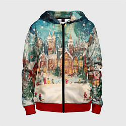 Толстовка на молнии детская Новогодний снежный город, цвет: 3D-красный